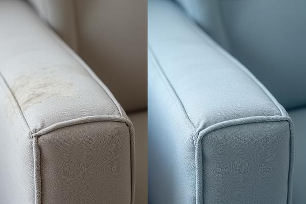 Before and after image of a grimy, dull upholstered armchair, transformed into a bright, clean seat.