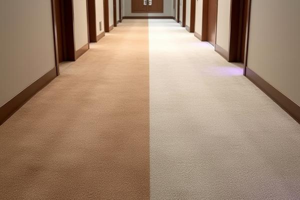 Before and after image of a high-traffic hallway carpet, previously discolored and now uniformly clean.