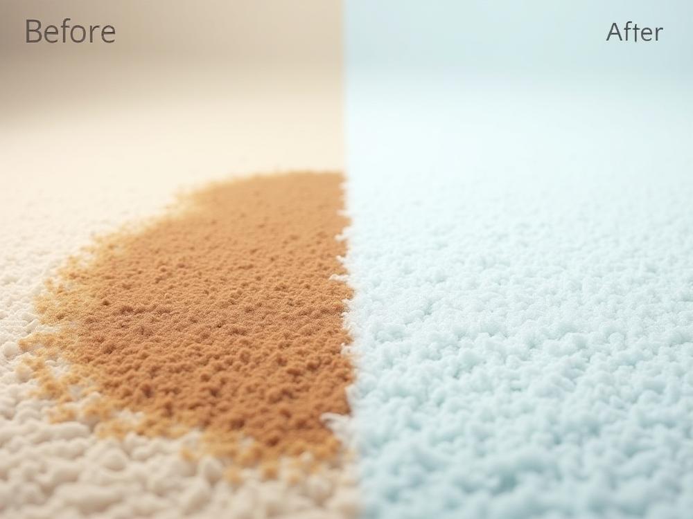 Before and after comparison of a deeply cleaned carpet: one side stained and dull, the other vibrant and spotless.