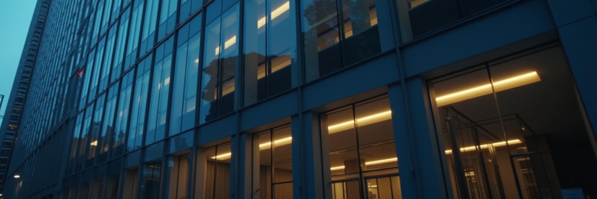 Architectural detail of a pristine, modern office building exterior at dusk, with ambient lighting, conveying sophistication and impeccable standards.
