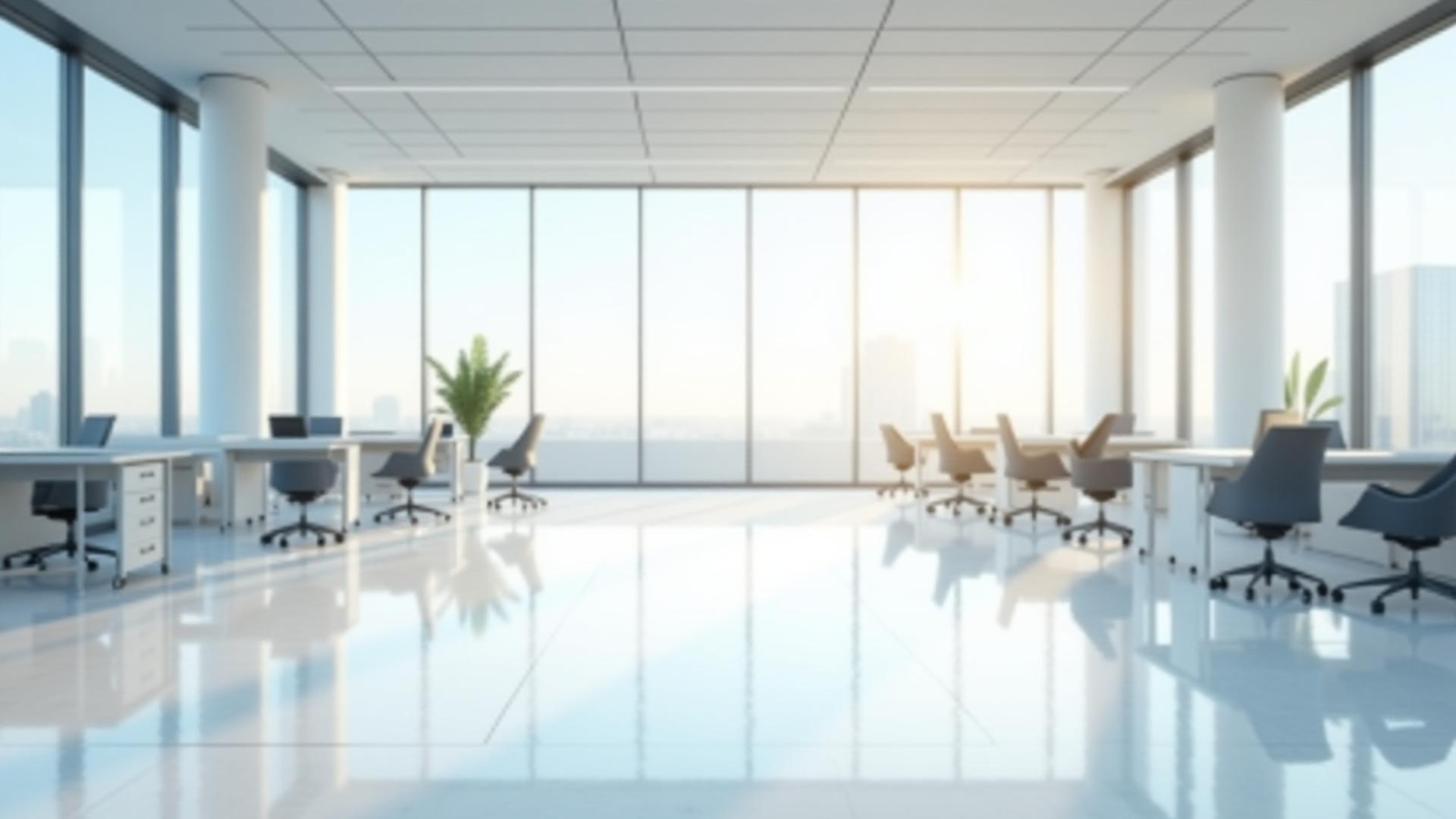 Bright, modern, and perfectly clean empty office space with large windows and gleaming floors, conveying professionalism and hygiene.