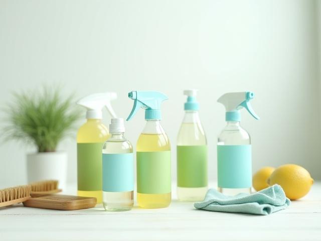 A collection of ADON CLEANING LTD's eco-friendly cleaning products in branded bottles, showcasing green and natural ingredients.