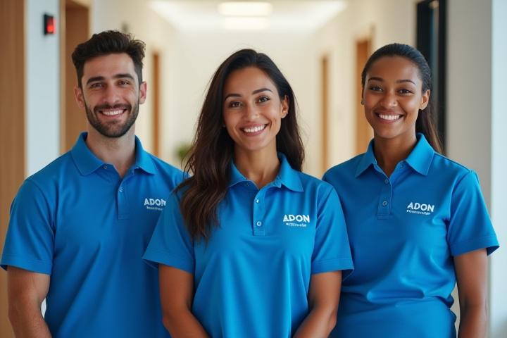 Friendly and professional ADON Cleaning LTD team members, in clean uniforms, smiling and ready to work in Coventry.