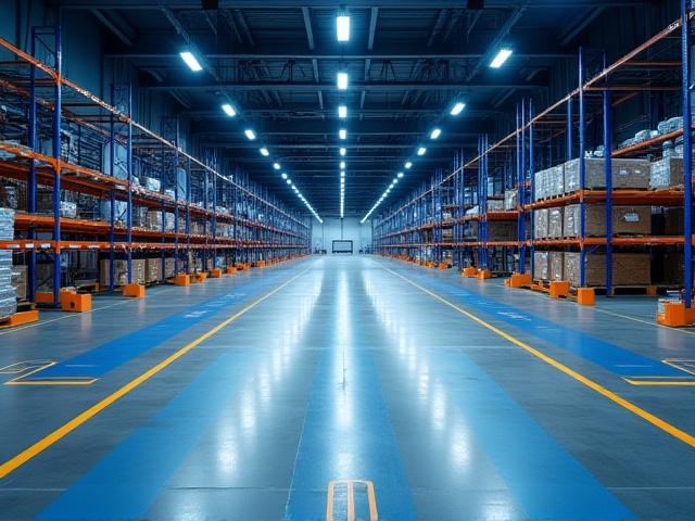 A large, impeccably clean warehouse floor with clear lane markings, reflecting overhead lights, no dust visible. Industrial setting.