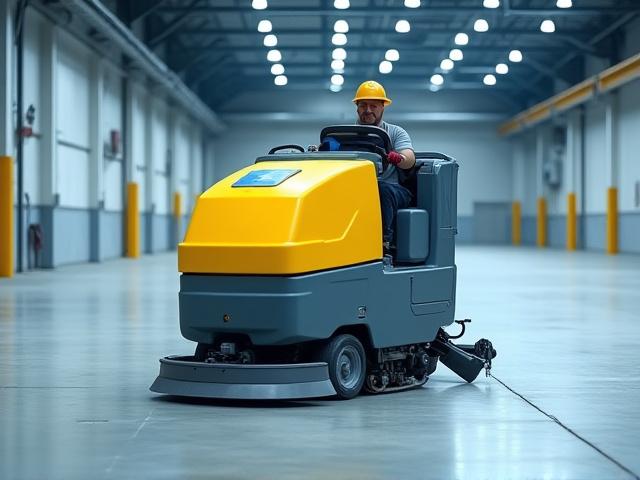 Large, ride-on industrial floor scrubber in operation