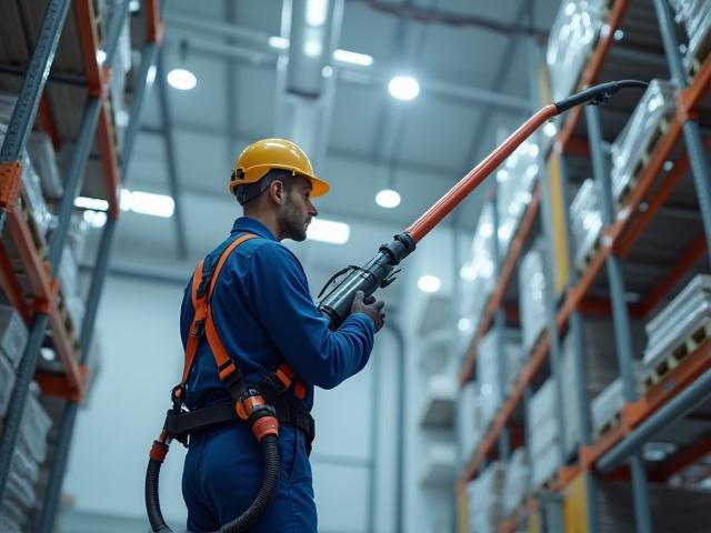 Certified cleaner using a high-reach vacuum system for elevated cleaning
