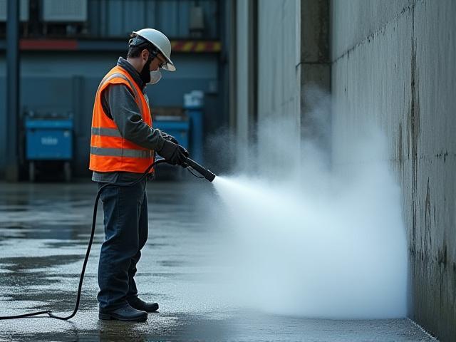 Professional using a powerful industrial pressure washer to clean a concrete wall